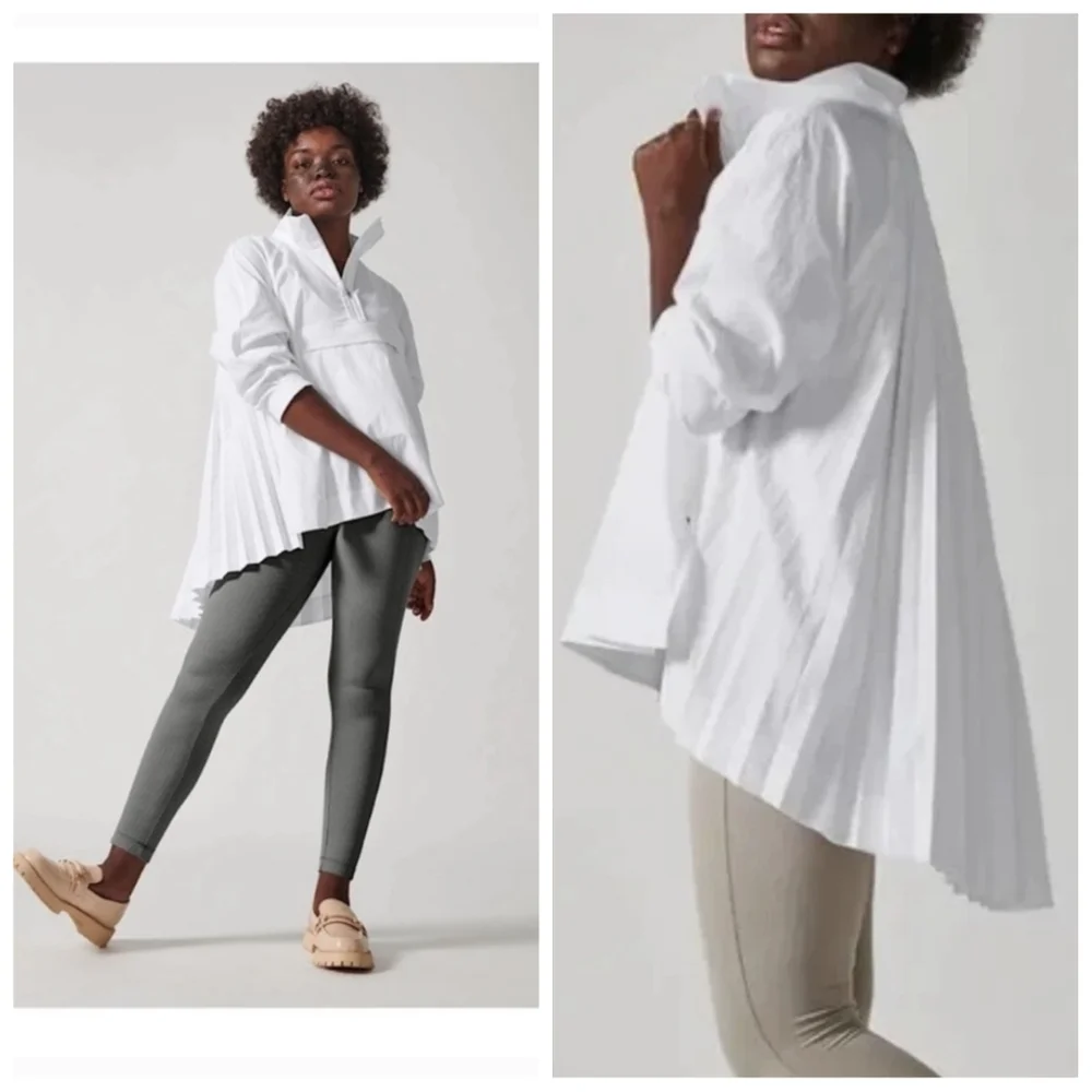 Athleta Sojourn Top Bright White 1/4 Zip Pleated Size Large